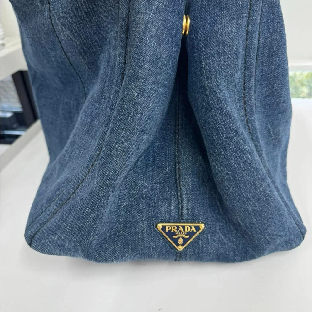 Prada Canapa Denim Tote with Gold Triangle Logo - Indigo Blue Large - Picture 2 of 10